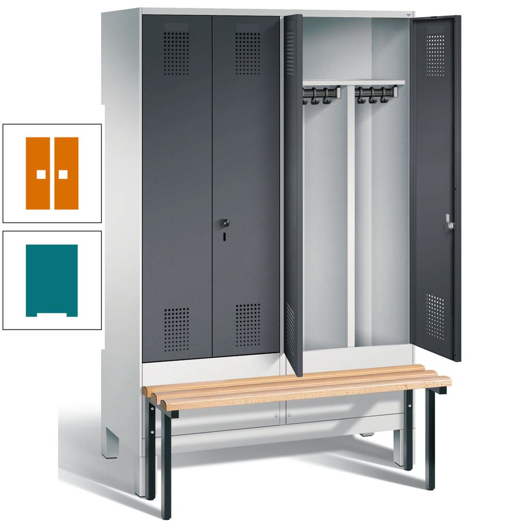 Doppel-Spind, Garderobenschrank, Buche Sitzbank vorgebaut, 4 Abteile a 300 mm, Korpus feuerrot, Tür Wasserblau, 1.850 x 1.200 x 815 mm (HxBxT)