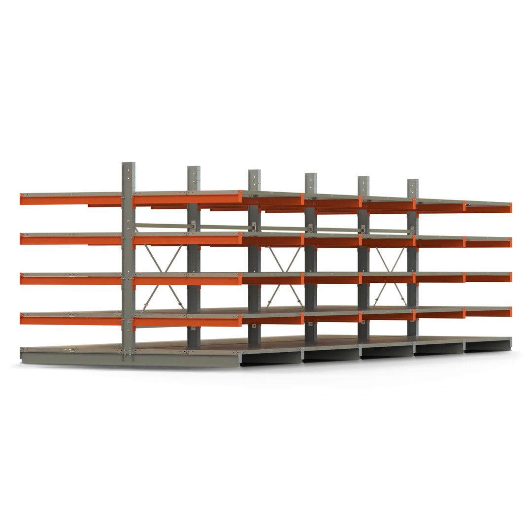 Doppelseitiges Kragarmregal mit Fachböden, 2 Felder, 2.000 x 2.560 (HxB), Nutztiefe 1.000 mm, Kragarmlast 450 kg, KARL basic, silbergrau/reinorange