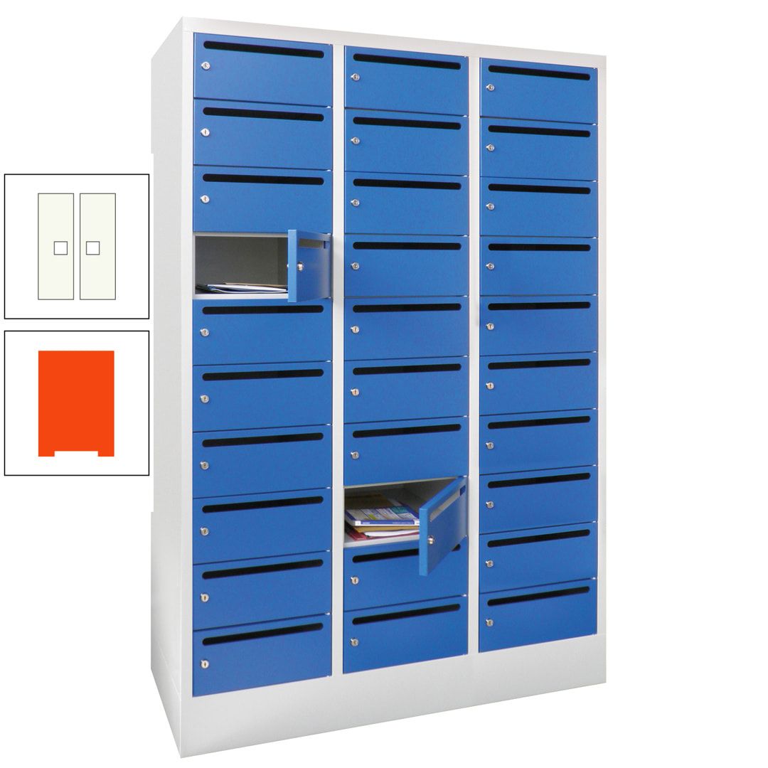 Postverteilerschrank, Schließfachschrank, 3 Abteile a 300 mm, 30 Fächer, 1.850 x 900 x 500 mm (HxBxT), Korpus anthrazitgrau, Front anthrazitgrau