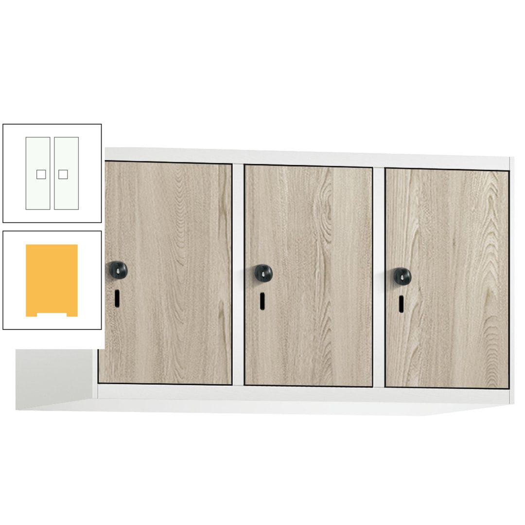 Aufsatzschrank, Schrankaufsatz, 3 Fächer a 300 mm, Farbe Pastellgelb, Tür anthrazitgrau, 500 x 900 x 500 mm (HxBxT)