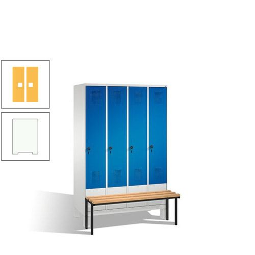 Stahl-Garderobenschrank, Spind, Buche Sitzbank vorgebaut, 4 Abteile a 300 mm, Korpus Lichtgrün, Tür Schwefelgelb, 1.850 x 1.200 x 815 mm (HxBxT)