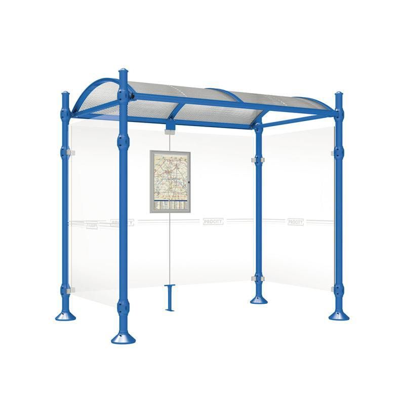 Buswartehalle, Unterstand, 2 Seitenwände, Kopf gebürsteter Edelstahl, ESG, Fahrplanschaukasten, 2.500 x 2.500 x 1.600 mm (HxBxT), Farbe enzianblau
