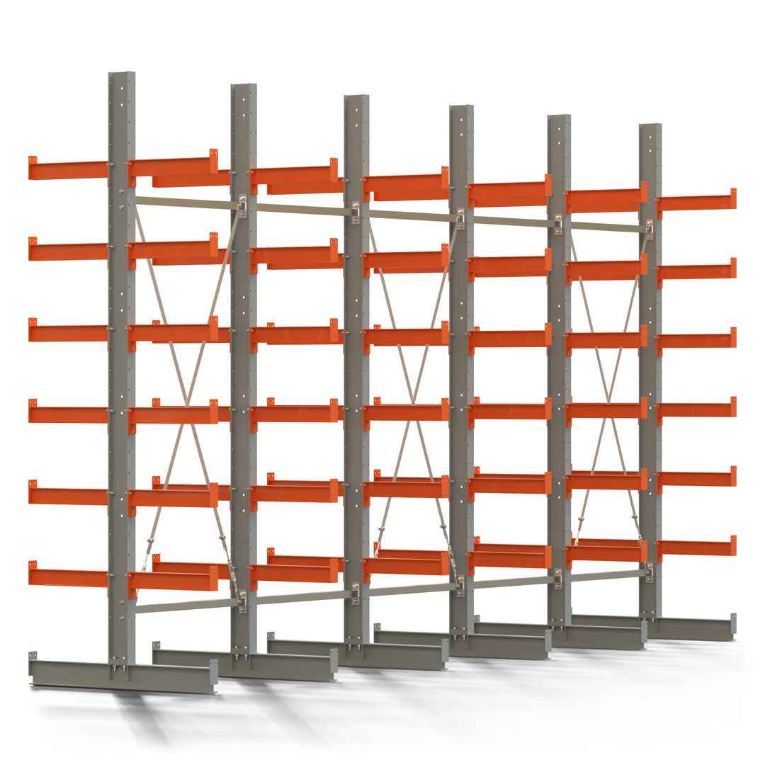 Doppelseitiges Kragarmregal, 2 Felder, 3.000 x 2.000 x 1.120 mm (HxBxT), Nutztiefe 500 mm, Kragarmlast 870 kg, KARL basic, silbergrau/reinorange
