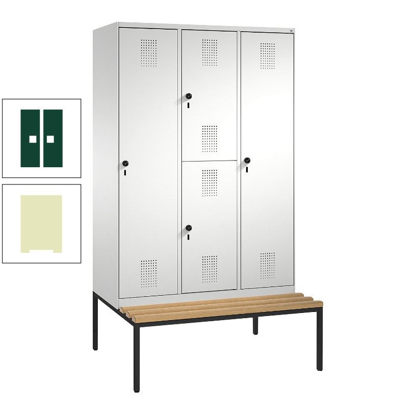 Garderobenschrank, Spind ein- und doppelstöckig Sitzbank, 3 Abteile, 4 Fächer, 2.090x1.200x500 mm (HxBxT), Front anthrazitgrau, Korpus anthrazitgrau