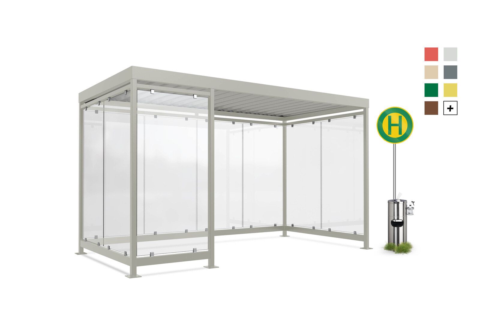 Raucherunterstand, Bausatz, Fahrgastunterstand, Bushaltestelle, 12-13 Personen, 2.510 x 4.195 x 2.165 mm (HxBxT), 9 Wände, Elfenbein