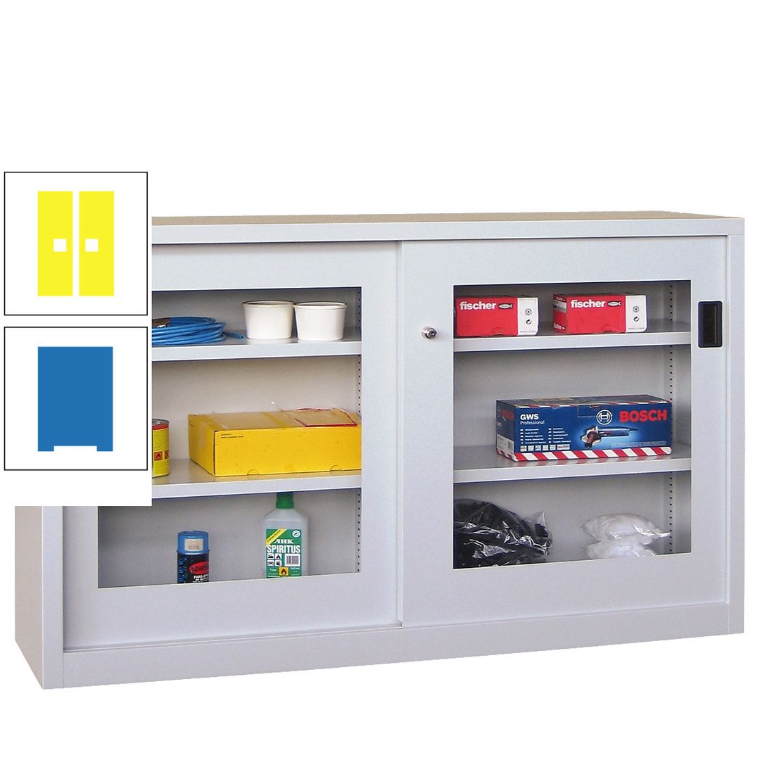 Schiebetürenschrank - Sichtfenstertüren - 1.000x1.500x600 mm (HxBxT) - 4 Böden, verzinkt - Zylinderschloss - anthrazitgrau