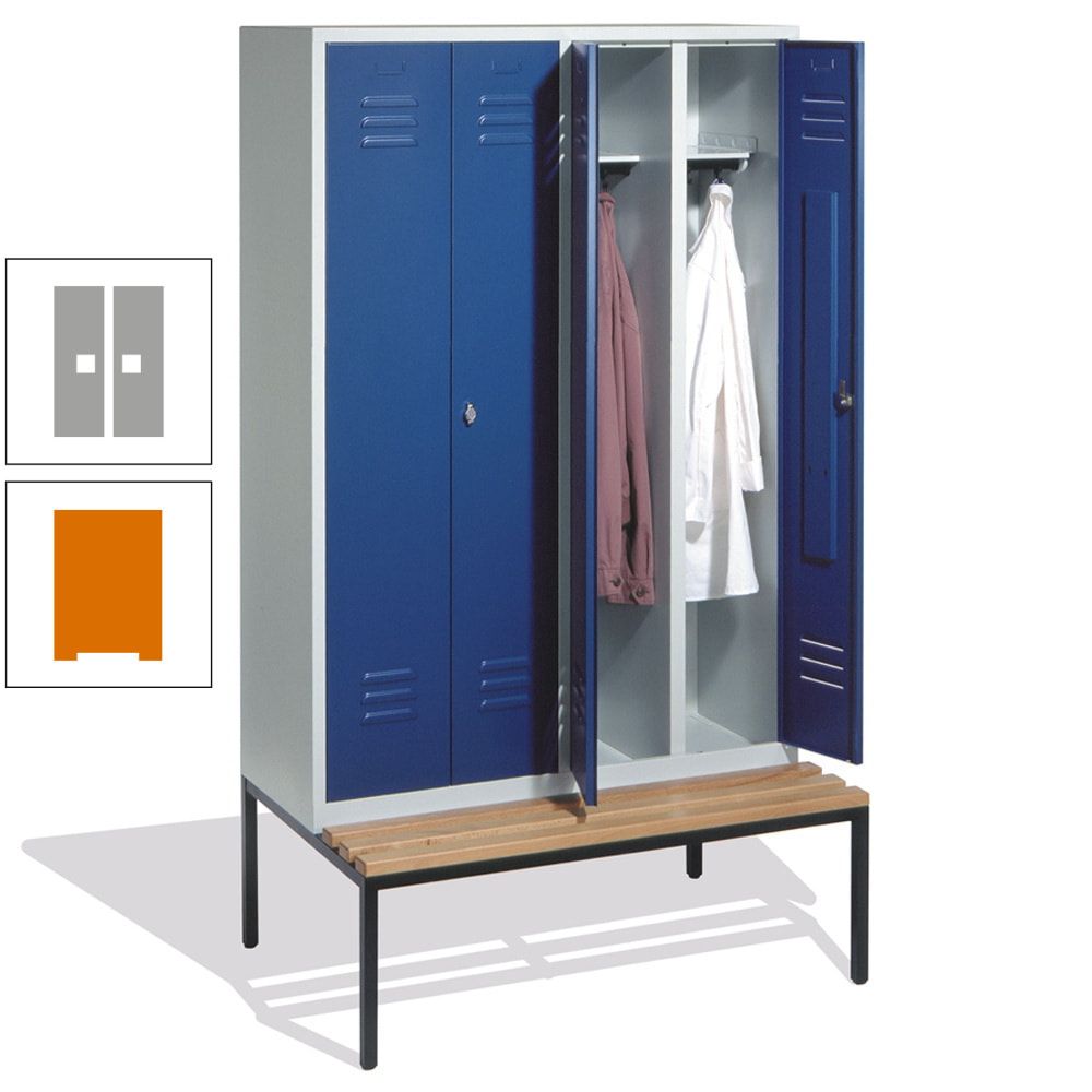 Doppel-Spindschrank, Buche Sitzbank untergebaut, 4 Abteile a 300 mm, Korpus lichtgrau, Tür anthrazitgrau, 2.090 x 1.190 x 815 mm (HxBxT)