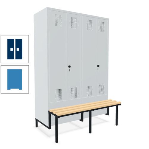 Doppel-Spind, Garderobenschrank, Buche Sitzbank integriert, 4 Abteile 300 mm, Korpus anthrazitgrau, Tür anthrazitgrau, 1.850 x 1.200 x 815 mm (HxBxT)