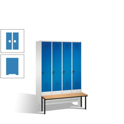 Stahl-Garderobenschrank, Spind, Buche Sitzbank vorgebaut, 4 Abteile a 300 mm, Korpus Lichtgrün, Tür Schwefelgelb, 1.850 x 1.200 x 815 mm (HxBxT)