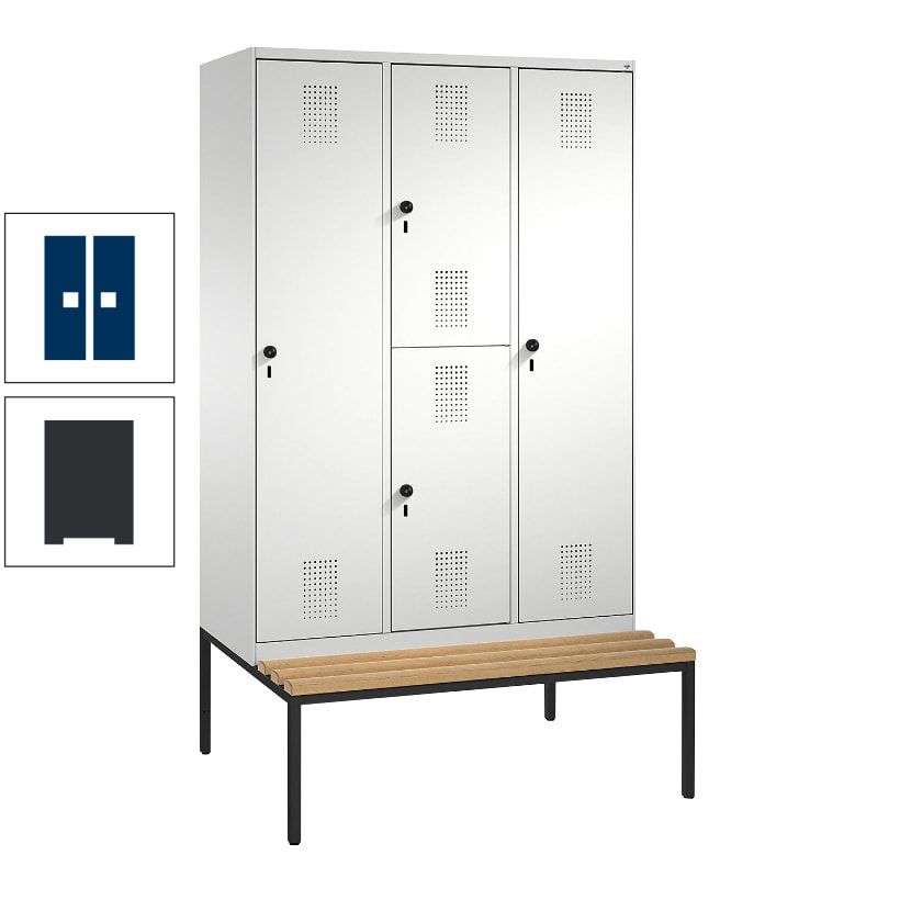 Garderobenschrank, Spind ein- und doppelstöckig Sitzbank, 3 Abteile, 4 Fächer, 2.090x1.200x500 mm (HxBxT), Front anthrazitgrau, Korpus anthrazitgrau