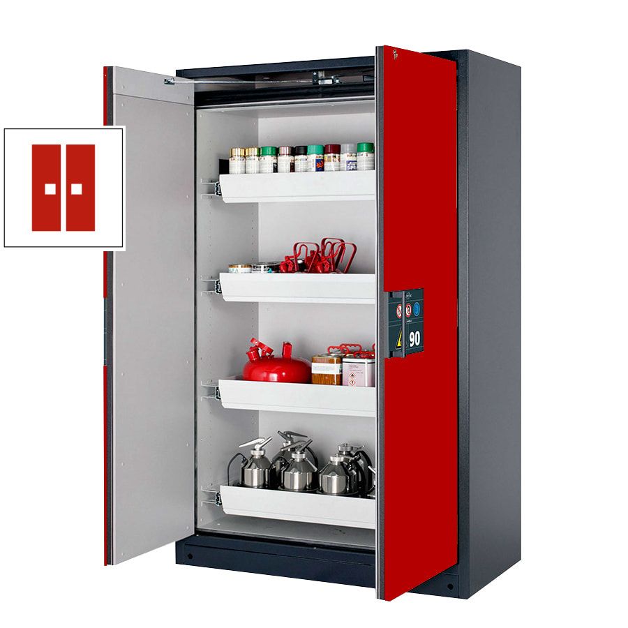 Gefahrstoffschrank - 1.953x1.193x615 mm - 2 Auszugswannen - Edelstahl - Front enzianblau