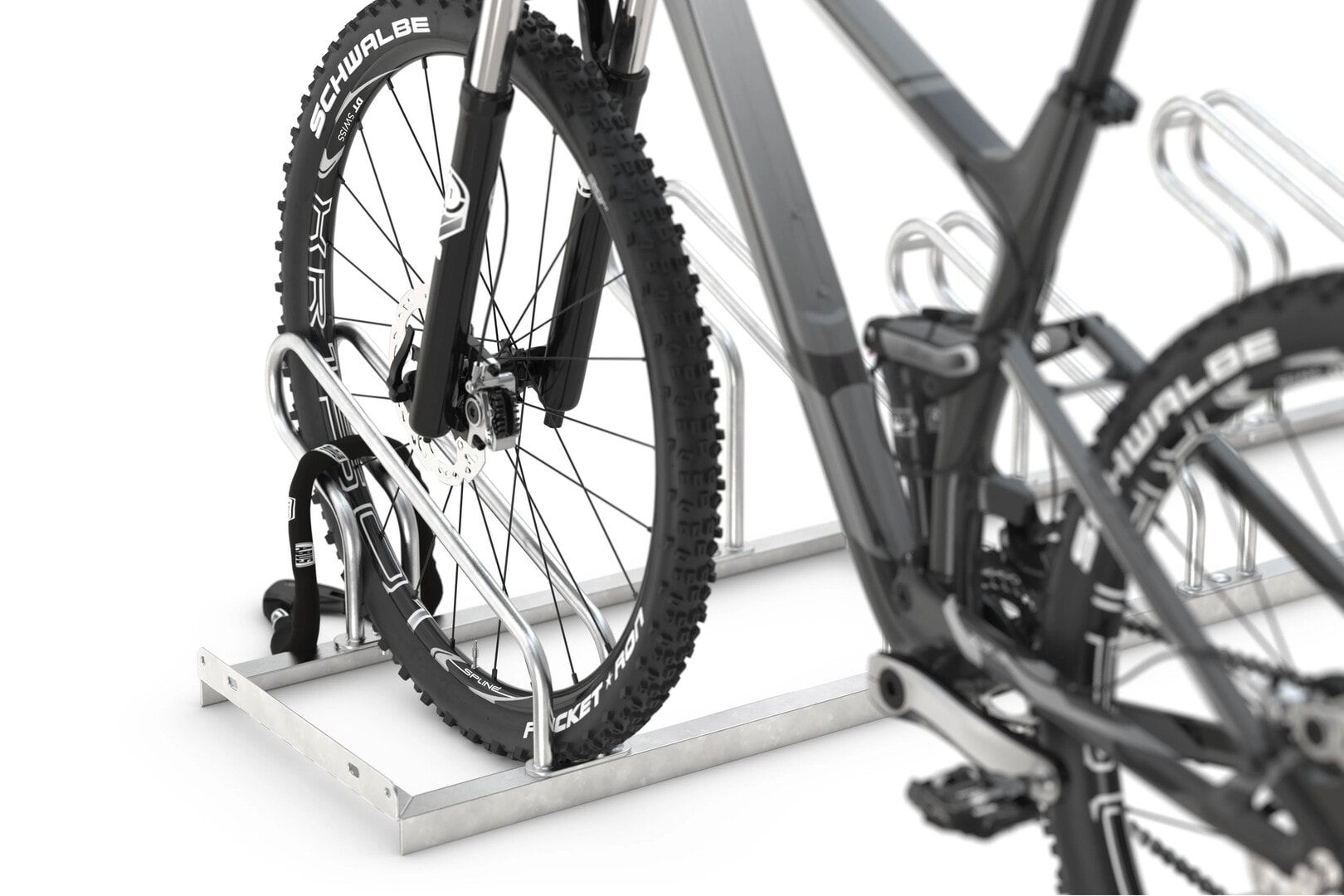 Fahrrad-Bügelparker, Rundrohr, Silber, 8 Stellplätze, für extra breite Fahrräder, höhenversetzt, Reihenverbindung, 415 x 3.120 x 538 mm (HxBxT)