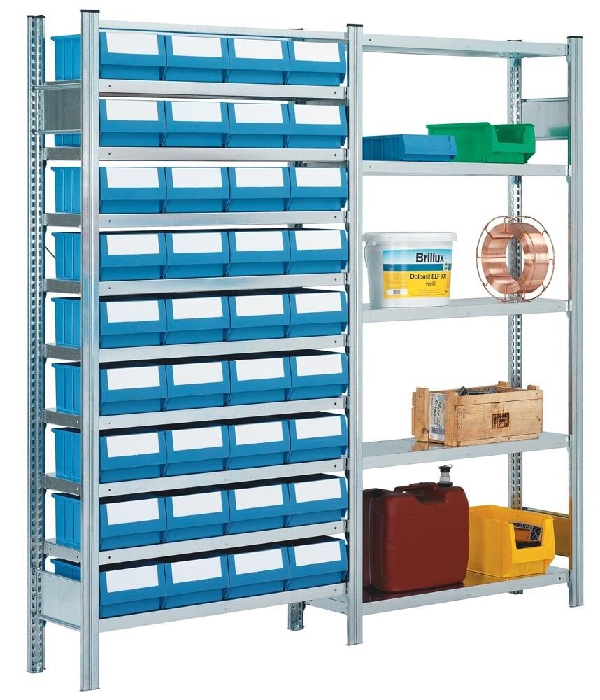 Profi Ordnungsregal - Systemregal - Anbaufeld mit 10 Fachböden und 48 Regalkästen - 2.000 x 1.005 x 325 mm (HxBxT)