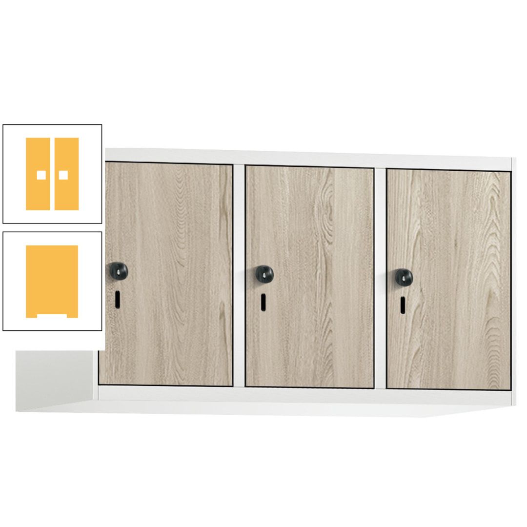 Aufsatzschrank, Schrankaufsatz, 3 Fächer a 300 mm, Farbe Pastellgelb, Tür anthrazitgrau, 500 x 900 x 500 mm (HxBxT)