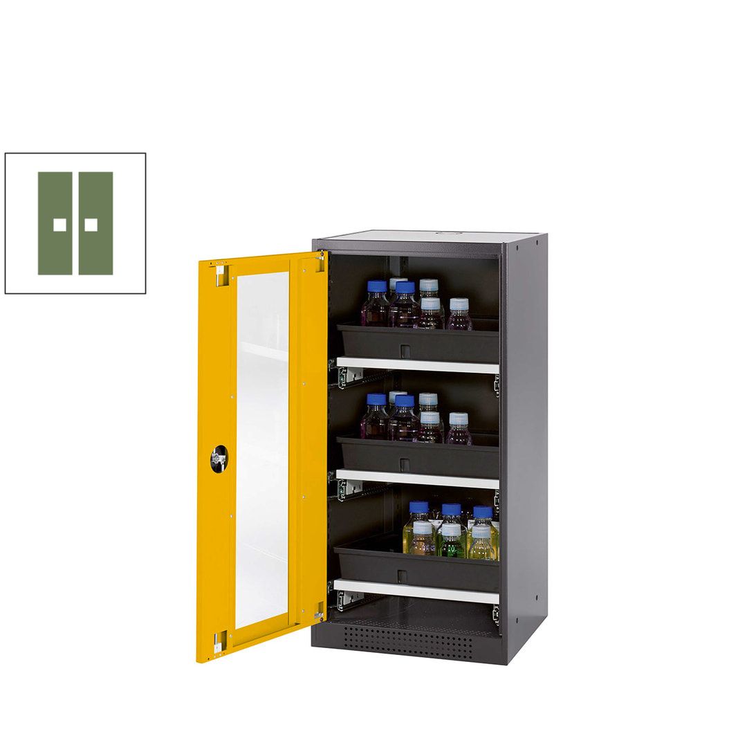 Chemikalienschrank - Flügeltür - Türanschlag links - 2 Tablarauszüge - 1.105 x 545 x 520 mm (HxBxT) - anthrazitgrau/enzianblau