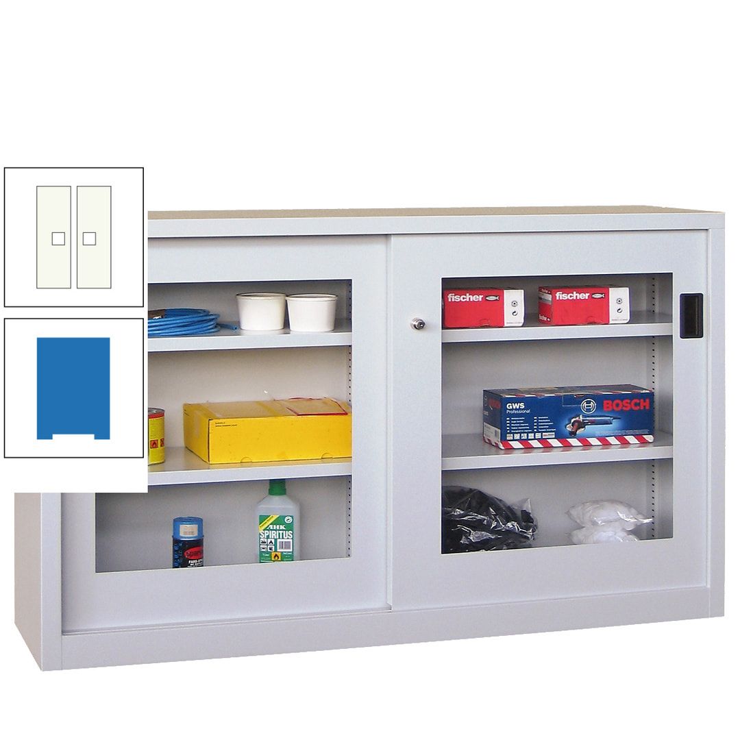 Schiebetürenschrank - Sichtfenstertüren - 1.000x1.500x600 mm (HxBxT) - 4 Böden, verzinkt - Zylinderschloss - anthrazitgrau