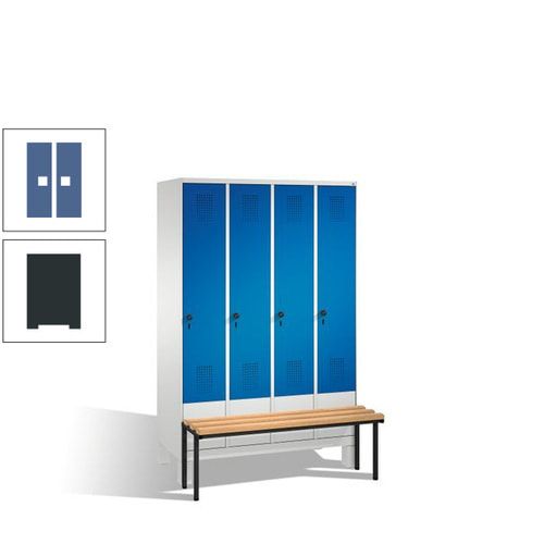 Stahl-Garderobenschrank, Spind, Buche Sitzbank vorgebaut, 4 Abteile a 300 mm, Korpus Lichtgrün, Tür Schwefelgelb, 1.850 x 1.200 x 815 mm (HxBxT)
