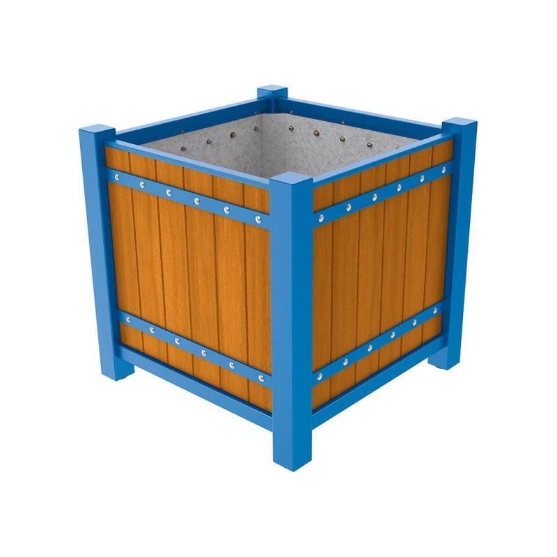 Pflanzbehälter, Pflanzgefäß, verzinkt, Eichenholzverkleidung, innen feuerverzinkt mit Verladungsgriffen, 960 x 1.060 x 1.060 mm (HxBxT), enzianblau