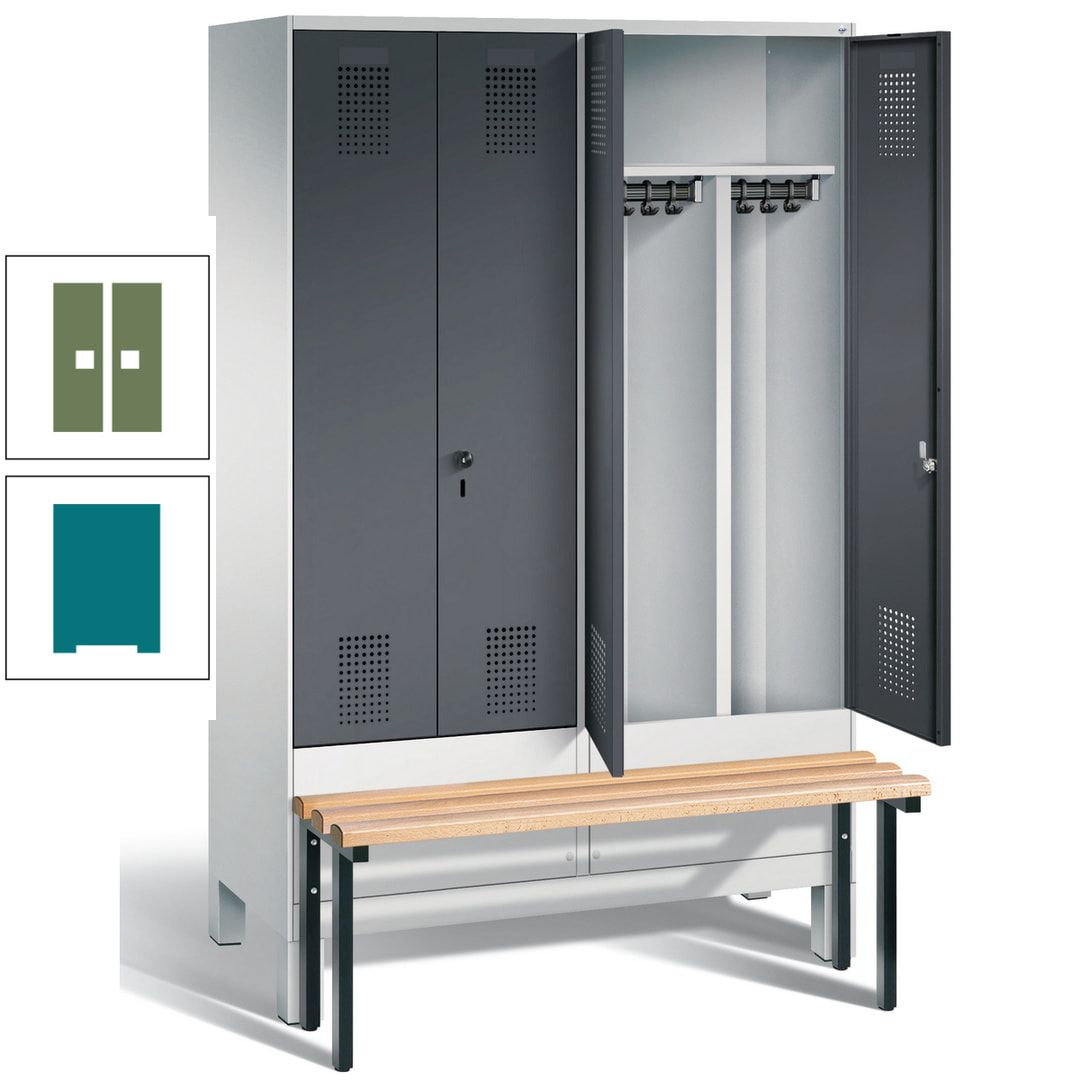 Doppel-Spind, Garderobenschrank, Buche Sitzbank vorgebaut, 4 Abteile a 300 mm, Korpus feuerrot, Tür Wasserblau, 1.850 x 1.200 x 815 mm (HxBxT)