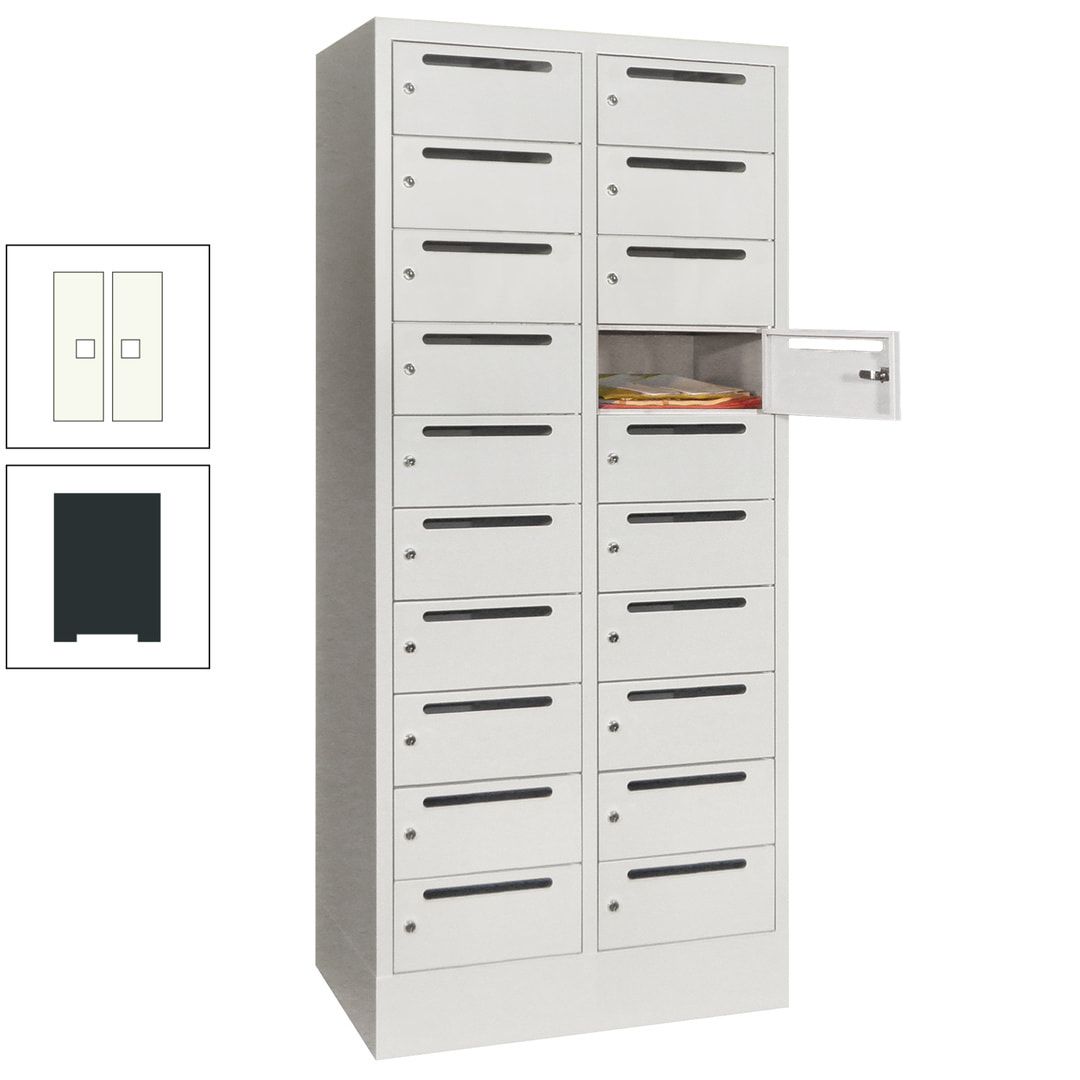 Postverteilerschrank, Schließfachschrank, 2 Abteile a 400 mm, 20 Fächer, 1.850 x 800 x 500 mm (HxBxT), Korpus anthrazitgrau, Front anthrazitgrau