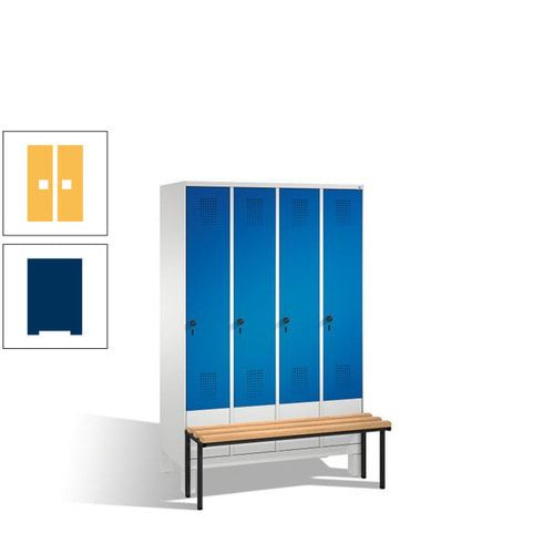 Stahl-Garderobenschrank, Spind, Buche Sitzbank vorgebaut, 4 Abteile a 300 mm, Korpus Lichtgrün, Tür Schwefelgelb, 1.850 x 1.200 x 815 mm (HxBxT)