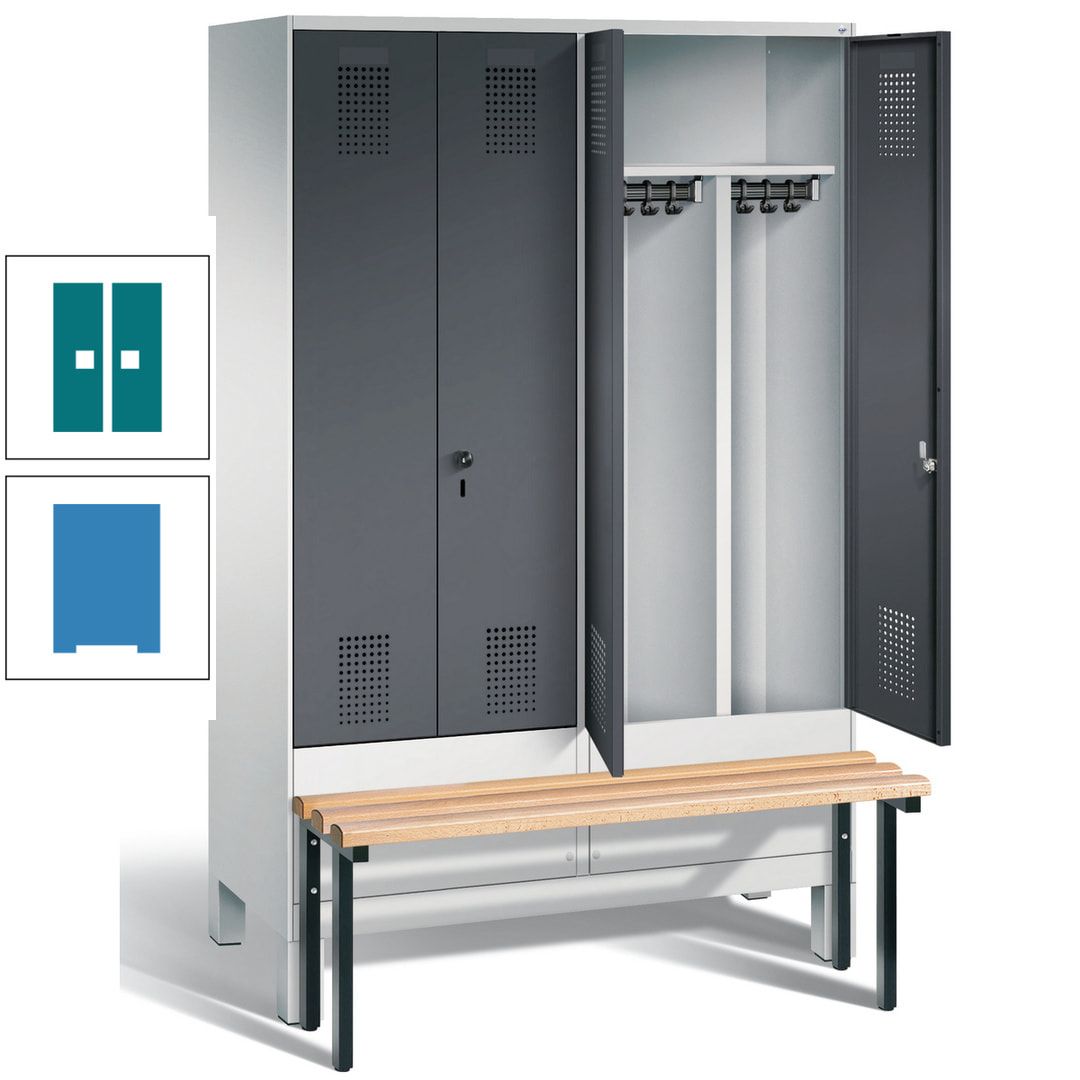 Doppel-Spind, Garderobenschrank, Buche Sitzbank vorgebaut, 4 Abteile a 300 mm, Korpus feuerrot, Tür Wasserblau, 1.850 x 1.200 x 815 mm (HxBxT)
