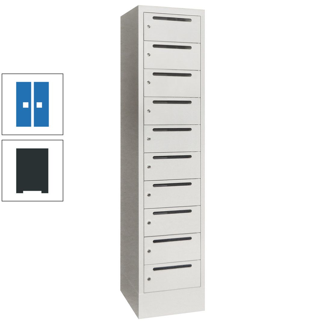 Postverteilerschrank, Schließfachschrank, 1 Abteil a 400 mm, 10 Fächer, 1.850 x 400 x 500 mm (HxBxT), Korpus anthrazitgrau, Front anthrazitgrau