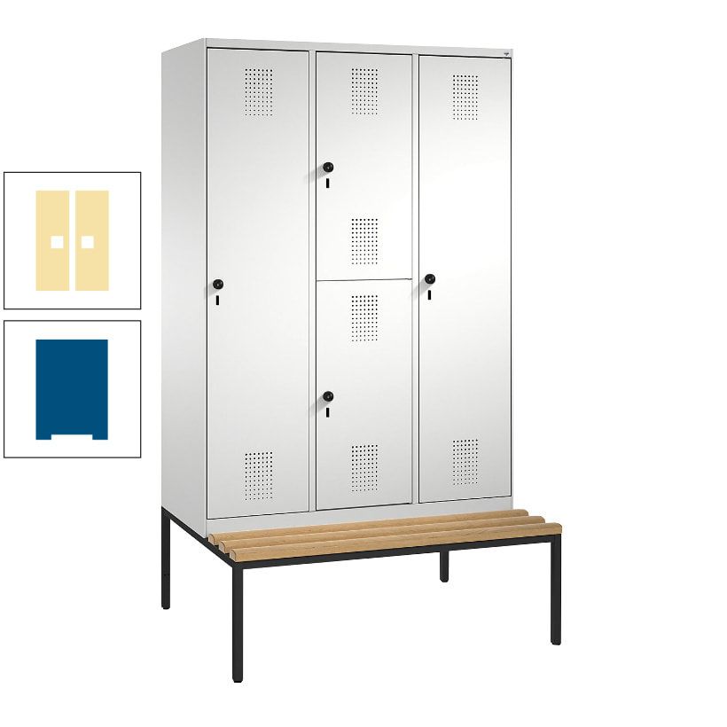 Garderobenschrank, Spind ein- und doppelstöckig Sitzbank, 3 Abteile, 4 Fächer, 2.090x1.200x500 mm (HxBxT), Front anthrazitgrau, Korpus anthrazitgrau