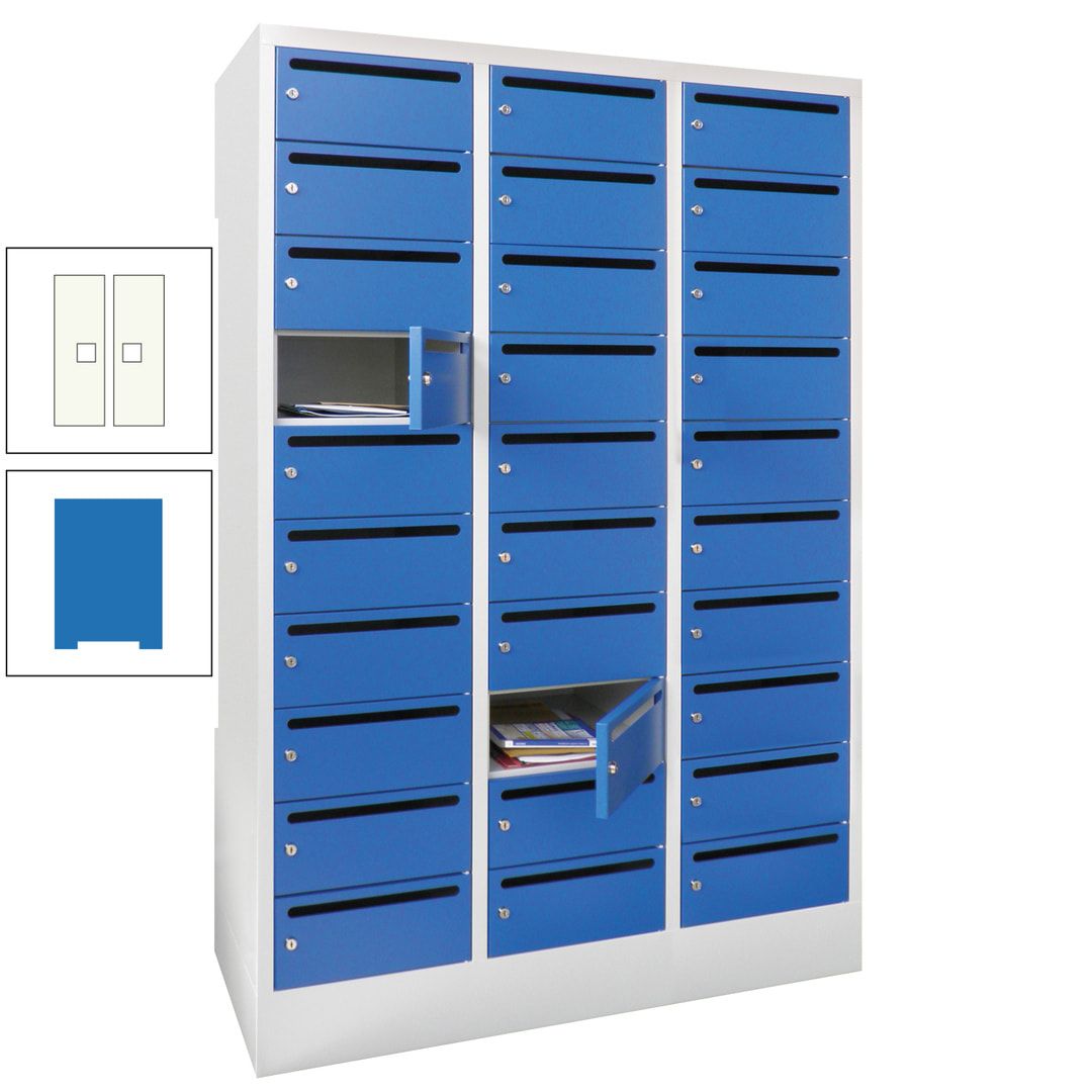 Postverteilerschrank, Schließfachschrank, 3 Abteile a 300 mm, 30 Fächer, 1.850 x 900 x 500 mm (HxBxT), Korpus anthrazitgrau, Front anthrazitgrau