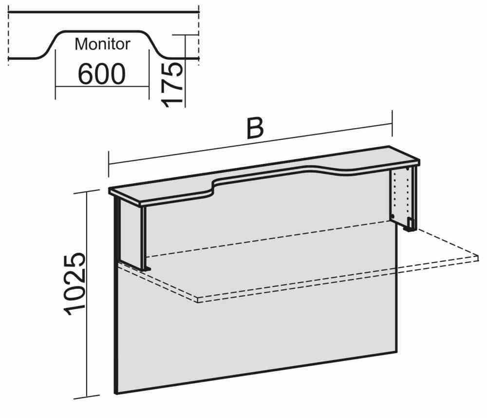 Anbau Thekenelement, Anbaumodul, Monitorausschnitt, 25 mm Dreischicht-Feinspan, 1.025 x 1.200 x 300 mm (HxBxT), Dekor Ahorn