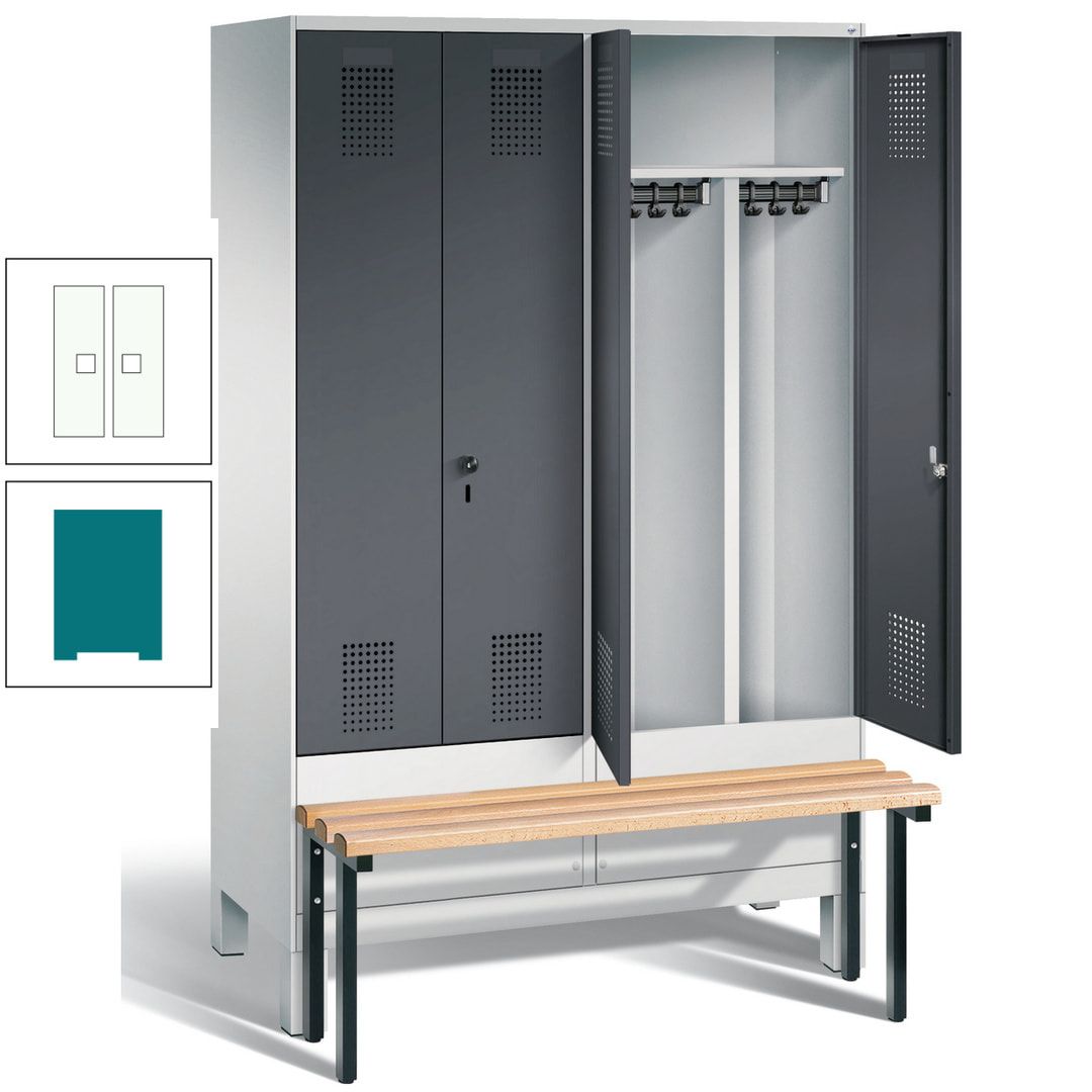 Doppel-Spind, Garderobenschrank, Buche Sitzbank vorgebaut, 4 Abteile a 300 mm, Korpus feuerrot, Tür Wasserblau, 1.850 x 1.200 x 815 mm (HxBxT)