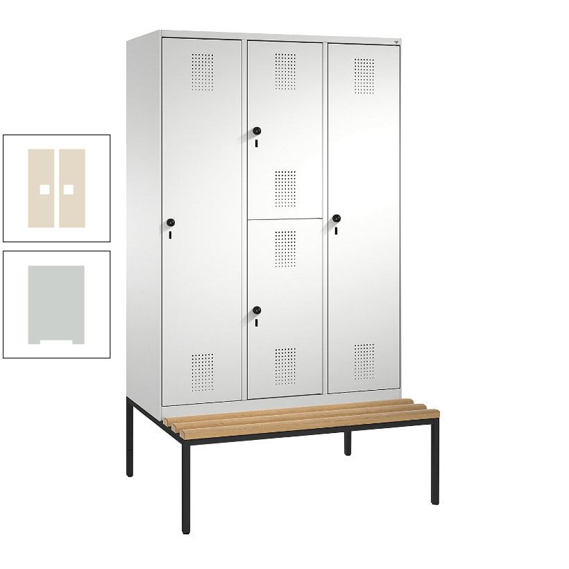 Garderobenschrank, Spind ein- und doppelstöckig Sitzbank, 3 Abteile, 4 Fächer, 2.090x1.200x500 mm (HxBxT), Front anthrazitgrau, Korpus anthrazitgrau