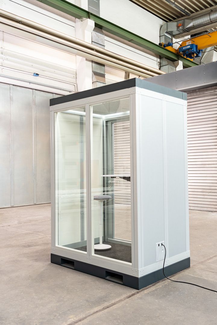 Meetingbox, temporärer Meetingraum, Raumcontainer, Bürocontainer, 2.832 x 2.194 x 1.148 mm (HxBxT), Schallschutz, LED-Beleuchtung, SCHUKO