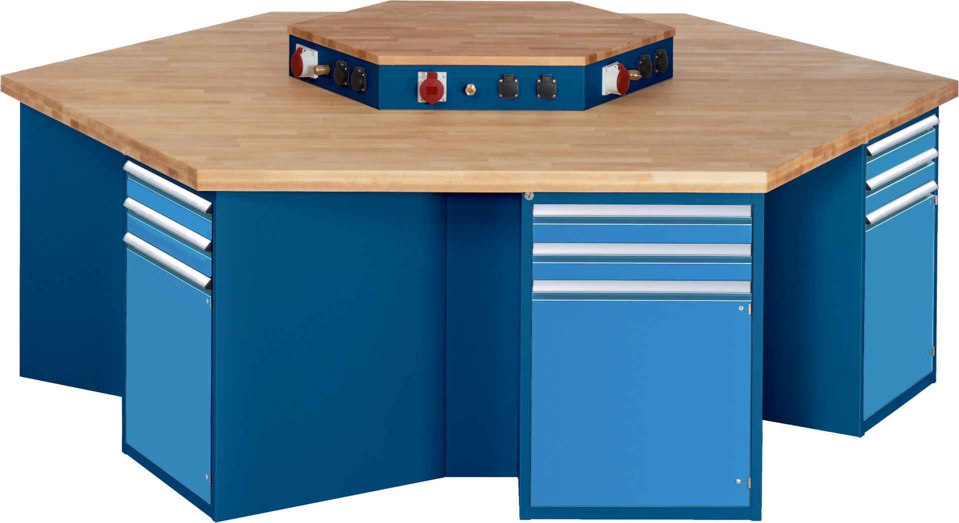 Gruppenwerkbank, Buche, Höhe 840 mm, mit Energieaufsatz, Unterbau-Container, 2 Schubladen, 1 Tür, 1 Boden - Anthrazitgrau