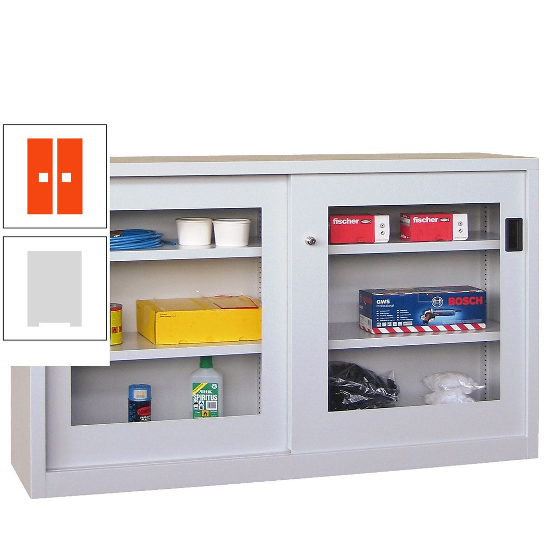 Schiebetürenschrank - Sichtfenstertüren - 1.000x1.500x600 mm (HxBxT) - 4 Böden, verzinkt - Zylinderschloss - anthrazitgrau