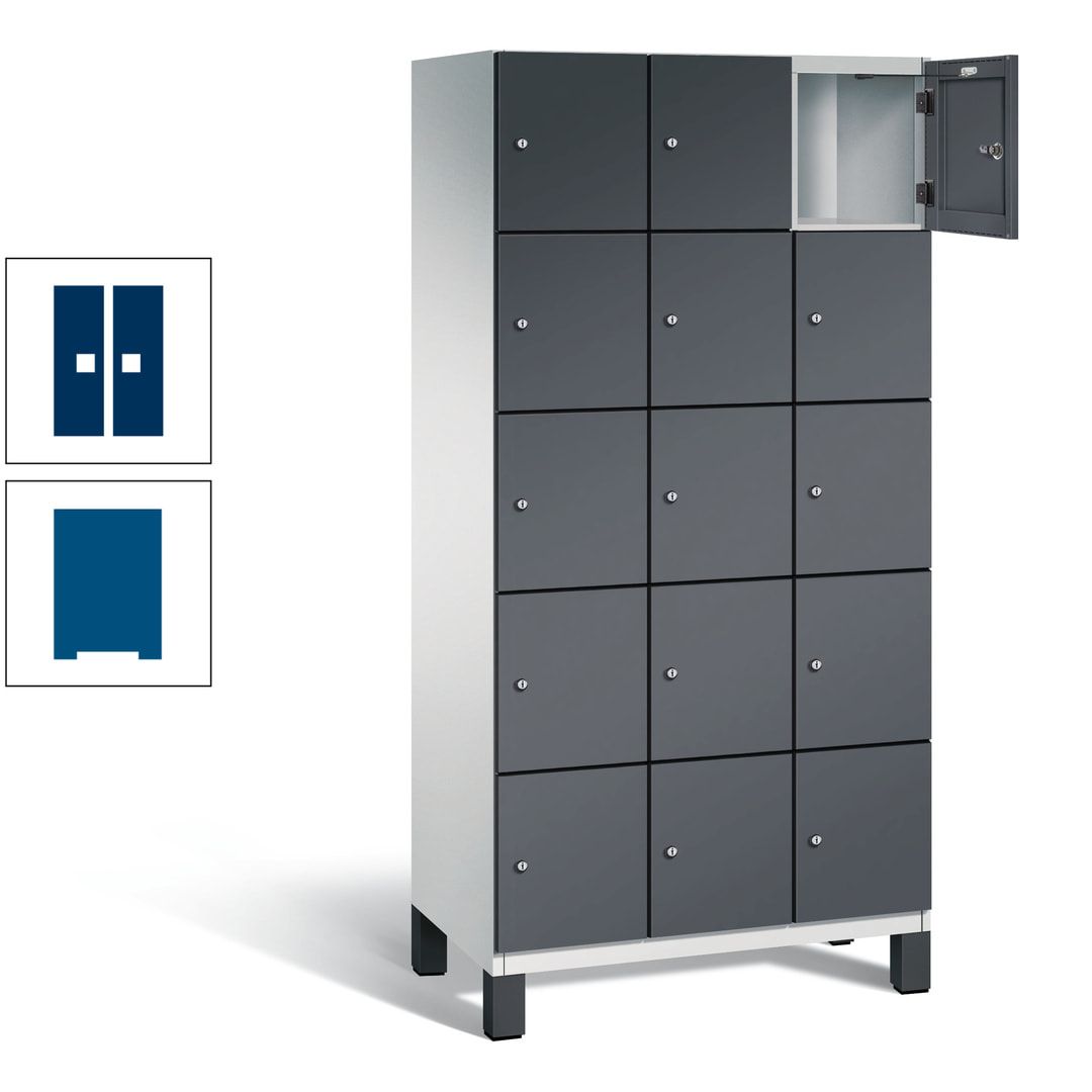 Fächerschrank, Stahlschrank, 15 Fächer, Türöffnungsbegrenzer, Füße, 1.980 x 900 x 525 mm (HxBxT), Korpus anthrazitgrau, Front anthrazitgrau