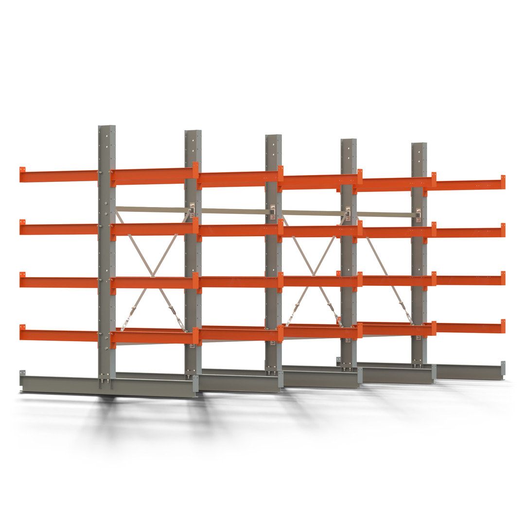Doppelseitiges Kragarmregal, 2 Felder, 2.000 x 2.000 x 1.120 mm (HxBxT), Nutztiefe 500 mm, Kragarmlast 870 kg, KARL basic, silbergrau/reinorange
