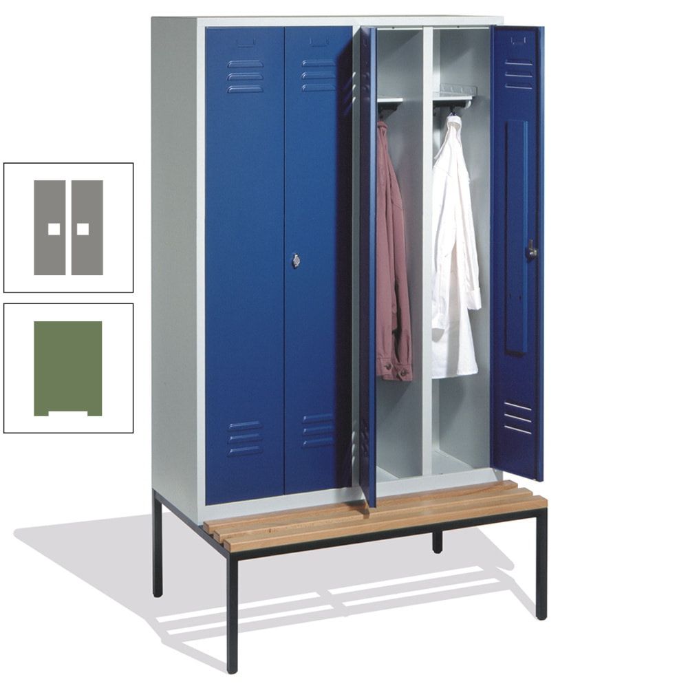 Doppel-Spindschrank, Buche Sitzbank untergebaut, 4 Abteile a 300 mm, Korpus lichtgrau, Tür anthrazitgrau, 2.090 x 1.190 x 815 mm (HxBxT)