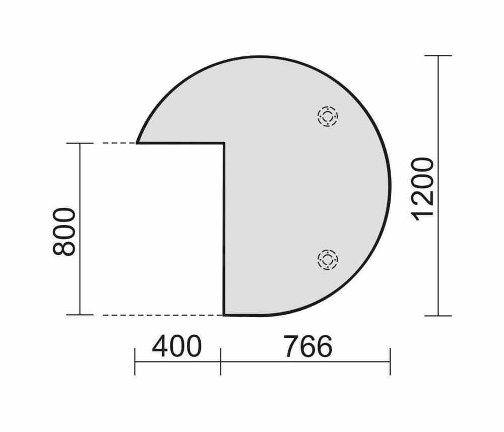 Anbautisch Dreiviertelkreis rechts, 4-Fuß Pro Quadrat, höhenverstellbar 680-820 mm, 1.200 x 1.200 mm (BxT), Dekor Ahorn, Gestell silber