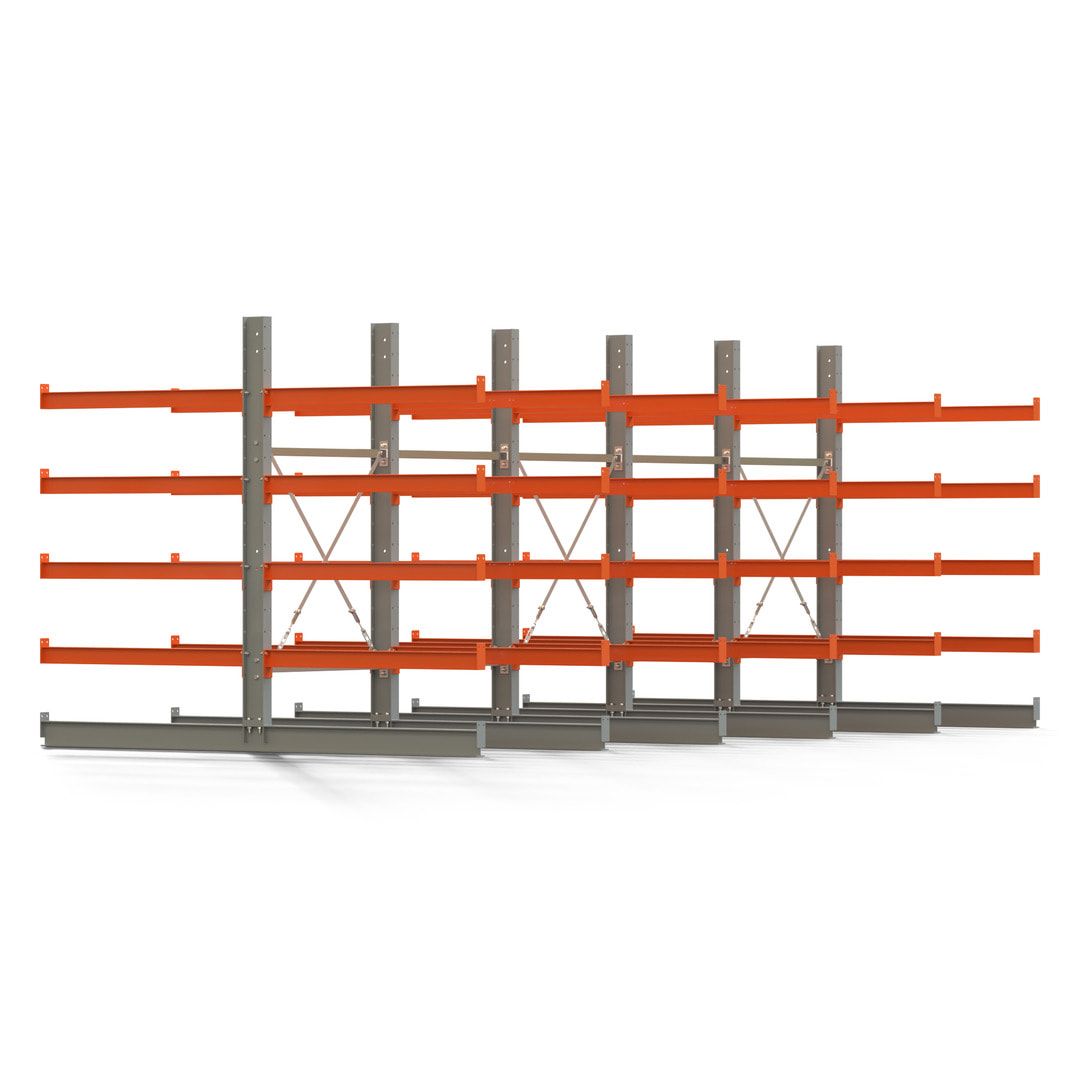 Doppelseitiges Kragarmregal, 2 Felder, 2.000 x 2.000 x 1.120 mm (HxBxT), Nutztiefe 500 mm, Kragarmlast 870 kg, KARL basic, silbergrau/reinorange