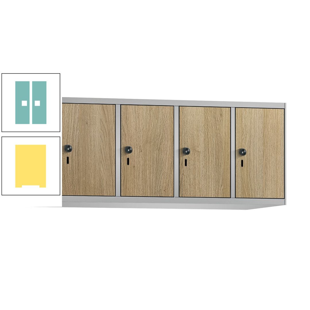 Aufsatzschrank, Schrankaufsatz, 4 Fächer a 300 mm, Farbe Pastellgelb, Tür anthrazitgrau, 500 x 1.200 x 500 mm (HxBxT)