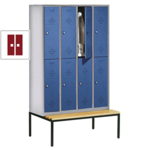 Garderobenschrank, Spind, 4 Abteile 8 Fächer, 2.090 x 1.190 x 815 mm (HxBxT), Hartholz Sitzbank untergebaut, Korpus anthrazitgrau, Türen anthrazitgrau