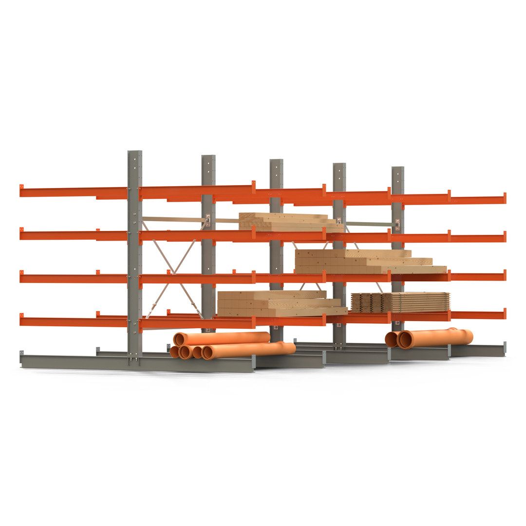 Doppelseitiges Kragarmregal, 2 Felder, 2.000 x 2.560 x 1.120 mm (HxBxT), Nutztiefe 500 mm, Kragarmlast 870 kg, KARL basic, silbergrau/reinorange