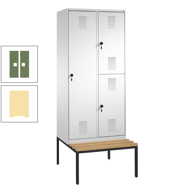 Garderobenschrank, Spind ein- und doppelstöckig Sitzbank, 2 Abteile, 3 Fächer, 2.090 x 800 x 500 mm (HxBxT), Front anthrazitgrau, Korpus anthrazitgrau