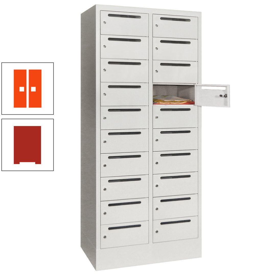 Postverteilerschrank, Schließfachschrank, 2 Abteile a 400 mm, 20 Fächer, 1.850 x 800 x 500 mm (HxBxT), Korpus anthrazitgrau, Front anthrazitgrau