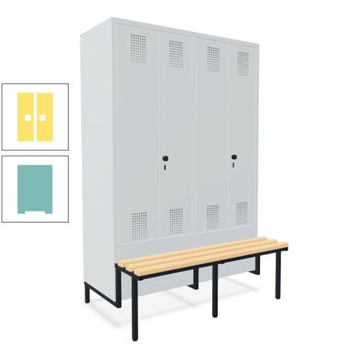 Doppel-Spind, Garderobenschrank, Buche Sitzbank integriert, 4 Abteile 300 mm, Korpus anthrazitgrau, Tür anthrazitgrau, 1.850 x 1.200 x 815 mm (HxBxT)