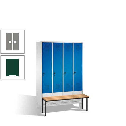 Stahl-Garderobenschrank, Spind, Buche Sitzbank vorgebaut, 4 Abteile a 300 mm, Korpus Lichtgrün, Tür Schwefelgelb, 1.850 x 1.200 x 815 mm (HxBxT)