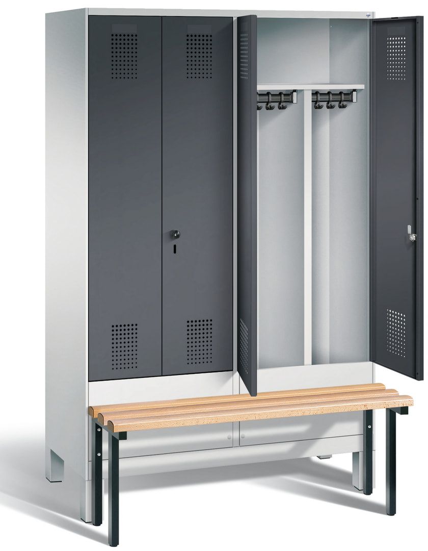 Doppel-Spind, Garderobenschrank, Buche Sitzbank vorgebaut, 4 Abteile a 300 mm, Korpus feuerrot, Tür Wasserblau, 1.850 x 1.200 x 815 mm (HxBxT)