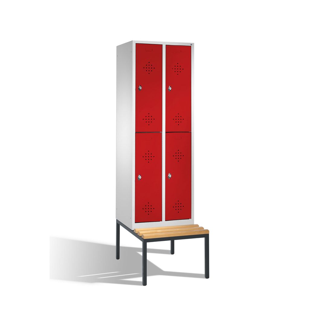 Garderobenschrank, Spind, 2 Abteile, 4 Fächer, 2.090 x 610 x 815 mm (HxBxT), Hartholz Sitzbank untergebaut, Korpus weißaluminium, Türen anthrazitgrau