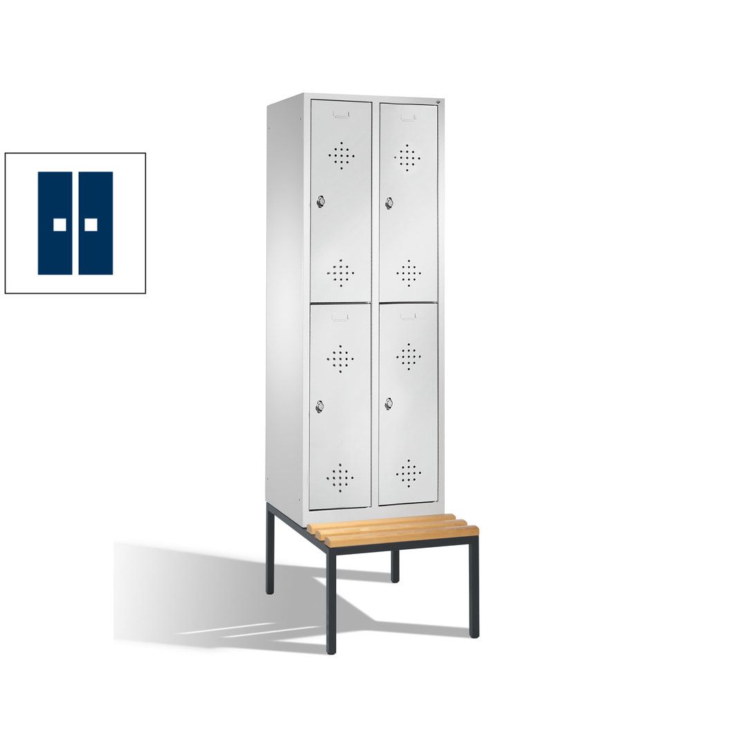 Garderobenschrank, Spind, 2 Abteile, 4 Fächer, 2.090 x 610 x 815 mm (HxBxT), Hartholz Sitzbank untergebaut, Korpus weißaluminium, Türen anthrazitgrau